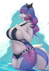 Rule 34 | 1girl, bikini, black bikini, black horns, black nails, blue eyes, blue hair, breasts, commentary, english commentary, fingernails, furry, furry female, hand on own chest, highres, horns, lanya (lcshian), large breasts, lcshian, multicolored hair, nail polish, navel, ocean, original, partially submerged, pink hair, solo, swimsuit, tail, thick thighs, thighs, two-tone hair, water, wet