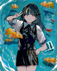 Rule 34 | 1girl, bakui02, black hair, black skirt, black vest, blue background, buttons, closed mouth, commentary, cowboy shot, fish, grey eyes, hair ornament, hand up, highres, long hair, looking at viewer, miniskirt, original, shirt, short sleeves, signature, skirt, smile, solo, standing, symbol-only commentary, v, vest, water, white shirt