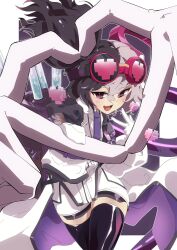 Rule 34 | 1girl, asymmetrical hair, black hair, duel monster, gloves, goggles, goggles on head, heart, highres, lab coat, mechanical arms, multicolored hair, necktie, open mouth, pink eyes, shorts, smile, solo, symbol-shaped pupils, test tube, thighhighs, urasuka, vanquish soul dr. mad love, very long sleeves, white hair, yu-gi-oh!