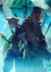 Rule 34 | 2boys, absurdres, armor, back-to-back, baggy pants, bandaged arm, bandages, barret wallace, beard, belt, black hair, blonde hair, blue eyes, blue shirt, brown eyes, buster sword, clenched teeth, cloud strife, dark-skinned male, dark skin, earrings, facial hair, facial scar, final fantasy, final fantasy vii, gloves, hand on own arm, highres, jewelry, male focus, multiple belts, multiple boys, muscular, muscular male, pants, parted lips, profile, prosthesis, saru (shimanokyouken), scar, scar on cheek, scar on face, shirt, short hair, shoulder armor, single earring, sleeveless, sleeveless turtleneck, spiked hair, square enix, suspenders, teeth, torn clothes, torn sleeves, turtleneck, upper body, very short hair, vest, weapon, weapon on back