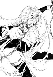 Rule 34 | 1girl, bakushi (kaeritai0609), breasts, chain, facial mark, fate/stay night, fate (series), forehead, forehead mark, heaven&#039;s feel, highres, large breasts, long hair, medusa (fate), medusa (rider) (fate), monochrome, nameless dagger (fate), simple background, solo, square pupils