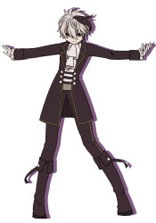 Rule 34 | 1girl, androgynous, black pants, black suit, boots, commentary, flower (vocaloid), flower (vocaloid4), formal, full body, head down, jacket, knee boots, looking at viewer, looking up, multicolored hair, neckerchief, outstretched arms, pants, pants tucked in, purple eyes, purple hair, purple jacket, purple suit, short hair, skc, smile, solo, standing, streaked hair, suit, vocaloid, white background, white hair, white neckerchief