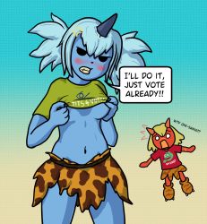 Rule 34 | 2girls, anger vein, angry, animal print, black eyes, blonde hair, blue background, blue hair, blue oni, blue oni (tee k.o.), blue skin, blush, breasts, character print, claws, cleats, clothes writing, colored skin, demon, demon girl, demon horns, dress, english text, fangs, frog print, giraffe print, gradient background, green shirt, highres, horns, jackbox games, looking at viewer, medium breasts, multicolored background, multiple girls, naughtysableye, navel, oni, orange footwear, orange skirt, pepe the frog, polka dot, polka dot background, print shirt, print skirt, red oni, red oni (tee k.o.), red shirt, red skin, shirt, shoes, short hair, short sleeves, siblings, sisters, skirt, slippers, surprised, t-shirt, tee k.o., teeth, tiger print, twins, undressing, white eyes, yellow background
