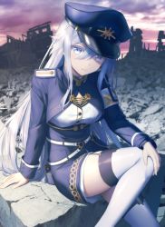 Rule 34 | 1girl, 86 -eightysix-, blue hat, blue jacket, blue skirt, breasts, commentary request, feet out of frame, goribote, grey eyes, hair between eyes, hat, jacket, knee up, long hair, medium breasts, military, military hat, military uniform, outdoors, peaked cap, ruins, shirt, silver hair, sitting, skirt, solo, thighhighs, uniform, very long hair, vladilena millize, white shirt, white thighhighs