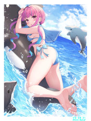 Rule 34 | 1girl, absurdres, ahoge, animal, ass, bare arms, bare shoulders, bikini, blue bikini, border, braid, breasts, character name, colored inner hair, dated, day, dolphin, feet, highres, hololive, inflatable dolphin, inflatable toy, keis (locrian1357), long hair, looking at viewer, looking back, low twintails, medium breasts, minato aqua, multi-strapped bikini, multicolored hair, navel, outdoors, parted lips, purple eyes, purple hair, riding, sailor bikini, sailor collar, side-tie bikini bottom, sidelocks, solo, streaked hair, striped bikini, striped clothes, swimsuit, thighs, twintails, two-tone hair, virtual youtuber, water, wavy hair, white border