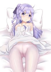 Rule 34 | 1girl, absurdres, ahoge, azur lane, bare shoulders, bed sheet, black ribbon, blush, breasts, closed mouth, clothes lift, collarbone, commentary request, covered erect nipples, crotch seam, dress, dress lift, elbow gloves, gloves, hair bun, hair ribbon, hairband, highres, kanon (sinto), long hair, lying, hugging object, on back, one side up, pantyhose, pillow, purple eyes, purple hair, ribbon, side bun, single hair bun, single side bun, small breasts, solo, strapless, strapless dress, stuffed animal, stuffed pegasus, stuffed toy, stuffed unicorn, stuffed winged unicorn, unicorn (azur lane), very long hair, white dress, white gloves, white pantyhose