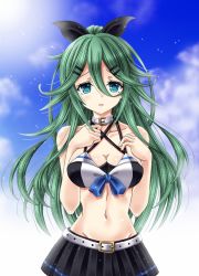 Rule 34 | 1girl, amou yuu, belt, bikini, bikini skirt, black bow, black skirt, bow, bow bikini, breasts, cloud, cloudy sky, collar, collarbone, commentary request, day, green eyes, green hair, hair between eyes, hair bow, highres, kantai collection, long hair, looking at viewer, medium breasts, navel, open mouth, parted bangs, portrait, skirt, sky, solo, swimsuit, white belt, yamakaze (kancolle)