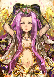 Rule 34 | 1girl, 38legio, bad id, bad pixiv id, blush, bustier, claws, cleavage cutout, clothing cutout, cosplay, fate/grand order, fate (series), flower, flower wreath, gorgon (fate), gorgon (fate) (cosplay), hair flower, hair ornament, head wreath, long hair, looking at viewer, medusa (fate), medusa (lancer) (fate), medusa (rider) (fate), monster girl, navel, open mouth, pelvic curtain, purple hair, rider, scales, smile, solo, very long hair, wings
