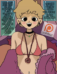Rule 34 | 1girl, absurdres, beads, bed, black eyes, blonde hair, breasts, choker, dark background, english text, highres, incredibly absurdres, jewelry, jula (toddeetoddee), navel piercing, open mouth, original, patreon logo, piercing, pillow, self-upload, short hair, small breasts, solo, teeth, toddeetoddee, upper teeth only