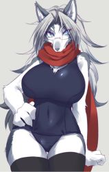 Rule 34 | 1girl, black thighhighs, blue eyes, breasts, dog, female focus, furry, furry female, glasses, grey hair, hand on own hip, large breasts, long hair, saigi, scarf, school swimsuit, solo, swimsuit, thigh gap, thighhighs