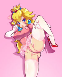 Rule 34 | 1girl, absurdres, anus, anus peek, ass, breasts, censored, covered erect nipples, covered navel, cowboy shot, erect clitoris, female focus, freakylucky, high heels, highres, leg lift, leotard, mario (series), nintendo, nipples, nude, partially visible vulva, pointless censoring, princess peach, pussy, pussy peek, shoes, solo, spread legs, standing, super mario bros. 1, thighhighs, thighs, tutu, v