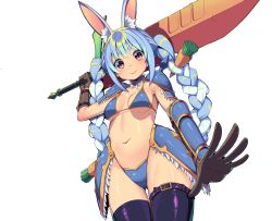 Rule 34 | &gt;:), 1girl, absurdres, animal ear fluff, animal ears, armor, bikini, blue bikini, blue hair, blush, boots, braid, breasts, carrot hair ornament, chai mao, closed mouth, cowboy shot, faulds, food-themed hair ornament, gloves, hair ornament, highres, holding, holding sword, holding weapon, hololive, huge weapon, leather, leather gloves, long hair, looking at viewer, medium breasts, multicolored hair, navel, orange eyes, pauldrons, rabbit-shaped pupils, rabbit ears, rabbit girl, shoulder armor, simple background, skindentation, smile, solo, swimsuit, sword, symbol-shaped pupils, thick eyebrows, thigh boots, twin braids, twintails, two-tone hair, usada pekora, v-shaped eyebrows, vambraces, virtual youtuber, weapon, white hair