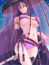 Rule 34 | 1girl, bare shoulders, berryricecake, bikini, breasts, choker, cowboy shot, eyepatch bikini, fate/grand order, fate (series), hat, holding, holding sword, holding weapon, katana, large breasts, long hair, looking at viewer, minamoto no raikou (fate), minamoto no raikou (fate/grand order), minamoto no raikou (swimsuit lancer) (fate), minamoto no raikou (swimsuit lancer) (first ascension) (fate), navel, parted lips, purple bikini, purple eyes, purple hair, sheath, sheathed, smile, solo, stomach, swimsuit, sword, thigh gap, very long hair, weapon