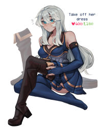 Rule 34 | 1girl, absurdres, ashe (league of legends), bare shoulders, blue dress, blue eyes, blue thighhighs, boots, unworn boots, breasts, cleavage, closed mouth, cookie3w3, dress, english text, grey hair, highres, knee boots, large breasts, league of legends, long hair, looking at viewer, medium breasts, meme, notice lines, shoes, unworn shoes, sitting, solo, thighhighs, twitter strip game (meme)