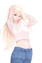 Rule 34 | 1girl, absurdres, arms behind head, arms up, bad id, bad pixiv id, black eyes, blonde hair, blue pants, breasts, cowboy shot, crop top, denim, highres, kooemong, long hair, looking at viewer, medium breasts, midriff, mole, mole under eye, navel, original, pants, parted lips, shirt, short sleeves, simple background, solo, standing, stomach, very long hair, white background, white shirt