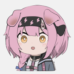 Rule 34 | 1girl, absurdres, animal ears, arknights, black hairband, blue bow, blush, bow, braid, cat ears, chibi, commentary request, cropped torso, goldenglow (arknights), grey jacket, grey shirt, hair bow, hair over shoulder, hairband, highres, jacket, lightning bolt print, long hair, looking at viewer, open clothes, open jacket, open mouth, orange eyes, pink hair, print hairband, shirt, single braid, solo, twitter username, upper body, wawamachi (wawamachis)