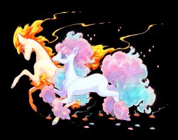 Rule 34 | animal focus, black background, blue eyes, blue hair, colored eyelashes, creatures (company), curly hair, fiery hair, fiery tail, fire, flame-tipped tail, fleebites, footprints, galarian form, galarian ponyta, game freak, gen 1 pokemon, gen 8 pokemon, horns, horse, multicolored hair, nintendo, no humans, orange eyes, orange hair, pink hair, pokemon, pokemon (creature), ponyta, simple background, single horn, sparkle, tail, unicorn