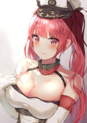Rule 34 | 1girl, 3:, anchor symbol, azur lane, bare shoulders, black ribbon, blush, breasts, cleavage, closed mouth, collarbone, commentary request, dress, elbow gloves, gloves, gradient background, grey background, hair ribbon, hat, highres, honolulu (azur lane), houraku, large breasts, long hair, looking at viewer, military hat, peaked cap, red eyes, red hair, ribbon, solo, twintails, very long hair, white background, white dress, white gloves, white hat