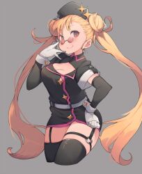 Rule 34 | 1girl, alchemy stars, alternate costume, arm warmers, black hat, black thighhighs, blonde hair, breasts, brown eyes, chandra (alchemy stars), cleavage, cropped legs, double bun, dress, garter straps, gloves, grey background, hair bun, hand on own hip, hat, highres, long hair, looking at viewer, medium breasts, o-ring, round eyewear, shimazaki1152, simple background, smile, solo, thighhighs, twintails, very long hair, white gloves