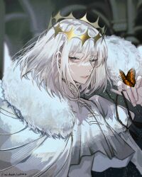 Rule 34 | 1boy, absurdres, arthropod boy, blue eyes, bug, butterfly, cloak, crown, diamond hairband, fate/grand order, fate (series), fur-trimmed cloak, fur trim, highres, insect, insect on finger, long sleeves, maidhao, male focus, medium hair, no wings, oberon (fate), signature, smile, solo, upper body, white cloak, white hair