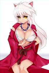 Rule 34 | 1girl, absurdres, animal ears, bare legs, bead necklace, beads, breasts, cleavage, collarbone, darkmoney, dog ears, fingernails, genderswap, genderswap (mtf), hair between eyes, highres, inuyasha, inuyasha (character), japanese clothes, jewelry, large breasts, long fingernails, long hair, looking at viewer, miko, nail polish, necklace, open clothes, simple background, sitting, solo, tan, tanline, white background, white hair, white nails, wide sleeves, yellow eyes