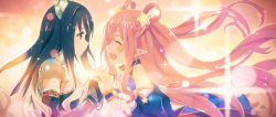 Rule 34 | 2girls, animal ear fluff, animal ears, armor, backlighting, blush, brown eyes, cat ears, closed eyes, detached sleeves, hair ornament, hair rings, hands up, happy, hatsune (princess connect!), highres, holding hands, lens flare, multiple girls, open mouth, pauldrons, pink hair, pointy ears, princess connect!, profile, shiori (princess connect!), shoulder armor, siblings, sisters, smile, star (symbol), star hair ornament, upper body, wristband, yuuki tatsuya