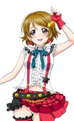 Rule 34 | 1girl, artist request, bare shoulders, belt, blush, bokura wa ima no naka de, bow, breasts, brown hair, earrings, fingerless gloves, frills, gloves, hair ornament, jewelry, koizumi hanayo, looking at viewer, love live!, love live! school idol festival, love live! school idol festival after school activity, love live! school idol project, navel, nervous smile, official art, open mouth, parted bangs, plaid, puffy short sleeves, puffy sleeves, purple eyes, raised eyebrows, short hair, short sleeves, skirt, smile, solo, star (symbol), star hair ornament, suspenders, transparent background