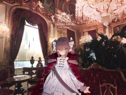 Rule 34 | 1girl, aristocratic clothes, blue eyes, blush, brown hair, chair, chandelier, coat, cowboy shot, curtains, desk, dress, epaulettes, girls&#039; frontline, hair ribbon, highres, indoors, long sleeves, looking at viewer, open clothes, open coat, puffy long sleeves, puffy sleeves, red coat, ribbon, solo, soukou makura, standing, two side up, webley (girls&#039; frontline), white dress, white ribbon, window