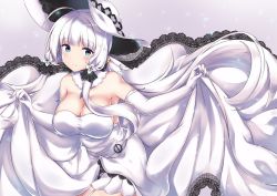 Rule 34 | 1girl, ahoge, anchor, arashiki mamizu, azur lane, bare shoulders, breasts, cleavage, clothes lift, commentary request, dress, dress lift, elbow gloves, floating hair, garter straps, gloves, hair ribbon, hat, highres, illustrious (azur lane), large breasts, leaning forward, lifted by self, low twintails, mole, mole under eye, ribbon, sidelocks, solo, strapless, strapless dress, sun hat, thighs, tress ribbon, tri tails, twintails, white dress, white gloves, white hair, white hat