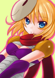Rule 34 | 1girl, armor, assassin (ragnarok online), bandages, blonde hair, blue eyes, commentary request, elbow gloves, gloves, green background, hair between eyes, leotard, looking at viewer, mask, mask on head, open mouth, outline, pauldrons, pink outline, purple gloves, purple leotard, ragnarok online, red scarf, scarf, short hair, shoulder armor, simple background, smiley face, solo, takarai mitsu, upper body