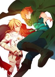 Rule 34 | 10s, 2boys, armor, belt, blonde hair, boots, braid, cape, cloak, fate/extra, fate/strange fake, fate (series), gauntlets, green eyes, highres, multicolored hair, multiple boys, open mouth, orange hair, pants, red eyes, richard i (fate), robin hood (fate), short hair, smile
