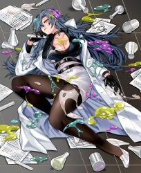 Rule 34 | 1girl, absurdres, azur lane, beaker, black choker, black gloves, breasts, chkalov (azur lane), choker, cleavage, coat, commission, glass, gloves, grey hair, high heels, highres, holding, holding beaker, lab coat, large breasts, long hair, looking at viewer, lying, on back, open clothes, open coat, open mouth, pantyhose, paper, plunging neckline, second-party source, solo, spill, white coat, yellow eyes, yuutama2804