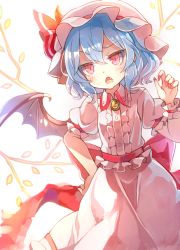 Rule 34 | 1girl, 60mai, bat wings, blue hair, commentary request, dress, fang, frills, hand on own hip, hand up, hat, hat ribbon, mob cap, nail polish, open mouth, puffy sleeves, red eyes, red nails, red ribbon, remilia scarlet, ribbon, short hair, short sleeves, solo, touhou, white background, wings, wrist cuffs