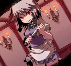 Rule 34 | 1girl, apron, bad id, bad pixiv id, blood, bow, braid, candle, dutch angle, female focus, fire, hair bow, hakika, izayoi sakuya, knife, looking at viewer, maid, maid apron, maid headdress, red eyes, silver hair, slit pupils, smile, solo, touhou, twin braids