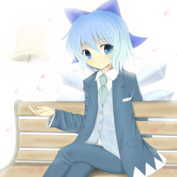 Rule 34 | 1girl, alternate costume, bell, bench, blue eyes, blue hair, blush, bow, bunchou (bunchou3103), cirno, contemporary, crossed legs, formal, hair bow, hair ornament, jewelry, matching hair/eyes, md5 mismatch, pant suit, pants, petals, ring, short hair, sitting, solo, suit, tomboy, touhou, wings