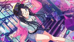 Rule 34 | 1girl, alley, baseball cap, belt, black belt, black hair, blue eyes, bracelet, breasts, can, cel shading, clothes writing, commentary, day, denim, denim shorts, dutch angle, earrings, feet out of frame, game cg, glasses, graffiti, hat, holding, holding clothes, holding hat, idolmaster, idolmaster shiny colors, jacket, jewelry, leaning forward, long hair, looking at viewer, midriff peek, mitsumine yuika, multicolored clothes, multicolored hat, official art, one eye closed, open clothes, open jacket, open mouth, parted bangs, patch, pink jacket, pink nails, purple nails, round eyewear, shirt, shorts, sign, small breasts, smile, socks, solo, stairs, standing, standing on one leg, storefront, t-shirt, torn clothes, torn shorts, traffic cone, white shirt, white socks, window
