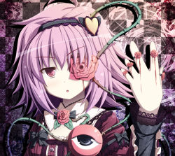 Rule 34 | 00s, 1girl, akashio (loli ace), alternate costume, blood, checkered background, female focus, flower, hair between eyes, hairband, heart, jewelry, komeiji satori, looking at viewer, open mouth, pink eyes, pink flower, pink hair, pink rose, plant, ring, rose, rozen maiden, short hair, solo, third eye, touhou, upper body, vines