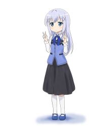 Rule 34 | 1girl, bad id, bad twitter id, black skirt, blue bow, blue eyes, blue footwear, blue hair, blue vest, blush, bow, closed mouth, collared shirt, commentary request, double v, full body, gochuumon wa usagi desu ka?, hair ornament, jitome, kafuu chino, kneehighs, long hair, long sleeves, looking at viewer, mary janes, rabbit house uniform, red star (toranecomet), shirt, shoes, simple background, skirt, socks, solo, standing, v, very long hair, vest, white background, white shirt, white socks, x hair ornament