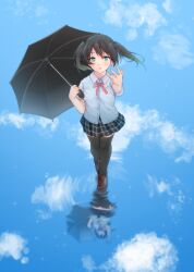 Rule 34 | 1girl, arm up, azukilib, black hair, black thighhighs, blue skirt, blue theme, blush, breasts, brown footwear, character request, collared shirt, copyright request, female focus, full body, gradient hair, green eyes, green hair, hand up, highres, holding, holding umbrella, looking at viewer, miniskirt, multicolored hair, neck ribbon, open mouth, outstretched arm, plaid, plaid skirt, pleated skirt, reaching, reaching towards viewer, red ribbon, reflection, reflective water, ribbon, ripples, school uniform, shirt, shoes, short hair, short sleeves, sidelocks, skirt, small breasts, solo, standing, standing on liquid, straight-on, thighhighs, twintails, two-tone hair, umbrella, white shirt