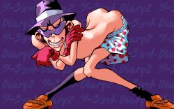 Rule 34 | 1990s (style), 1boy, 2 shot diary 2, boxer briefs, cigarette, facing viewer, fedora, game cg, gloves, grin, hat, knees together feet apart, loafers, looking at viewer, male underwear, may-be soft, pc98, purple background, retro artstyle, shoes, simple background, smile, solo, sunglasses, tagme, underwear