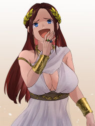Rule 34 | 1girl, absurdres, ancient greek clothes, blue eyes, breasts, brown hair, character request, commission, commissioner upload, dress, gold, highres, kikaia, large breasts, laughing, long hair, ojou-sama pose, open mouth, original, peplos, sleeveless, sleeveless dress, smug, solo, tagme, the elder scrolls