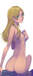 Rule 34 | 1girl, akinbo (hyouka fuyou), ass, blonde hair, flat chest, green eyes, highres, long hair, looking at viewer, looking back, minamino kanade, nipples, parted bangs, parted lips, petite, precure, simple background, sitting, smile, solo, suite precure, white background