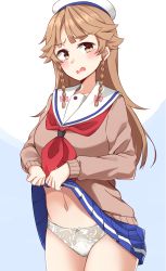 Rule 34 | 1girl, absurdres, beret, blue background, blue skirt, blush, bow, bow panties, braid, brown eyes, brown sweater, clothes lift, commentary request, hair bow, hat, head tilt, high school fleet, highres, kapatarou, lace, lace panties, lifting own clothes, light brown hair, looking at viewer, multicolored hair, navel, neckerchief, nosa kouko, open mouth, panties, pink bow, pleated skirt, red neckerchief, sailor collar, school uniform, serafuku, side braid, skirt, skirt lift, solo, sweater, twin braids, two-tone hair, underwear, white background, white hat, white panties, white sailor collar