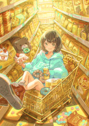 Rule 34 | 1girl, cake, doughnut, food, highres, hood, hoodie, in shopping cart, juice, marutani, shopping cart, sitting, solo, spill, tongue, tongue out
