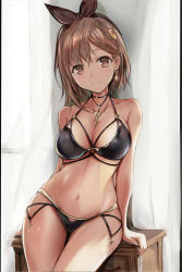 Rule 34 | 1girl, arm support, atelier (series), atelier ryza, atelier ryza 2, bare arms, bare legs, bare shoulders, bikini, black bikini, black ribbon, blush, braid, breasts, brown eyes, brown hair, cleavage, collarbone, curtains, cutout below navel, earrings, groin, hair ornament, hair ribbon, halterneck, jewelry, key, key necklace, large breasts, leaning on object, looking at viewer, medium hair, multiple straps, nail polish, nannacy7, navel, necklace, reisalin stout, ribbon, see-through, shoulder blades, sleeveless, smile, solo, star (symbol), star earrings, swimsuit, thick thighs, thighs, wide hips, window