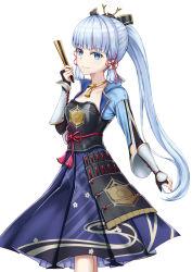 Rule 34 | 1girl, armor, ayaka (genshin impact), black gloves, blue dress, blue eyes, blue hair, breasts, closed mouth, dress, elbow gloves, feet out of frame, gauntlets, genshin impact, gloves, hair ribbon, hand fan, highres, holding, holding fan, light blue hair, long hair, looking at viewer, mole, mole under eye, naga (pixiv70891418), ponytail, ribbon, small breasts, smile, solo, standing, white background