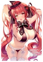 Rule 34 | 1girl, absurdres, armpits, arms behind head, arms up, ayamy, bikini, black panties, blush, bow, bra, breasts, cleavage, detached collar, fang, garter belt, garter straps, hat, heterochromia, highres, hololive, houshou marine, large breasts, long hair, looking at viewer, mini hat, navel, open mouth, panties, red eyes, red hair, scan, skin fang, solo, stomach, swimsuit, thighhighs, thighs, twintails, underwear, virtual youtuber, white thighhighs, yellow eyes