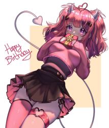 Rule 34 | 1girl, black skirt, breasts, bright pupils, bsapricot, commentary, demon tail, english commentary, gift, hair ornament, happy birthday, heart, heart hair ornament, heart o-ring, highres, holding, holding gift, horns, ironmouse, ironmouse (1st costume), looking down, medium breasts, multicolored hair, nail polish, pink hair, pink nails, pink sweater, purple eyes, purple hair, single thighhigh, skirt, solo, streaked hair, sweater, tail, thigh strap, thighhighs, two side up, virtual youtuber, vshojo, white background, white pupils, zettai ryouiki
