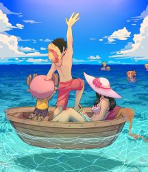 Rule 34 | 2girls, 4boys, ^ ^, antlers, arm on own head, arm up, back, ball, bare arms, bare legs, bare shoulders, beachball, bikini, black hair, blonde hair, blue sky, boat, caustics, closed eyes, closed mouth, cloud, day, flower, friends, furry, green hair, hair flower, hair ornament, hair over one eye, hat, height difference, highres, holding, holding ball, holding beachball, horizon, horns, kneeling, long hair, looking at another, male swimwear, monkey d. luffy, multiple boys, multiple girls, nami (one piece), nico robin, ocean, one piece, open mouth, orange hair, outdoors, outstretched arm, partially submerged, purple male swimwear, purple swim trunks, red male swimwear, red swim trunks, rizec, rope, roronoa zoro, rose, sandals, sanji (one piece), shadow, shirt, short hair, shoulder tattoo, sidelocks, sitting, sky, sleeveless, sleeveless shirt, smile, standing, stomach, straw hat, sun hat, swim trunks, swimming, swimsuit, tattoo, toes, tony tony chopper, topless male, water, watercraft, yellow shirt