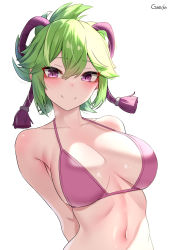 Rule 34 | 1girl, arms behind back, artist name, bikini, bikini top only, blush, breasts, closed mouth, commentary request, genshin impact, green hair, gweda, hair between eyes, hair ornament, highres, kuki shinobu, large breasts, looking at viewer, navel, pink bikini, purple eyes, short hair, simple background, slit pupils, smile, solo, split mouth, swimsuit, upper body, white background